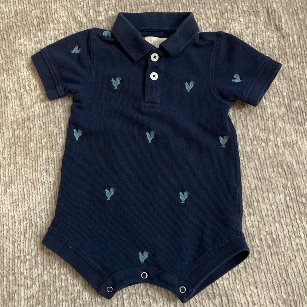 Blue Rooster Embroidered Polo Romper 3-6M Navy Preppy Farm Animal